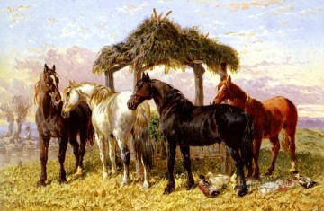 horse cats Painting - Horses And Ducks By A River Herring Snr John Frederick